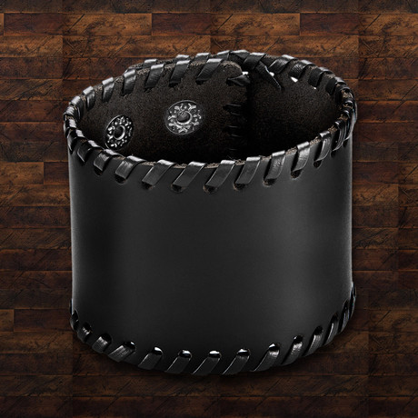 Leather Stitched Wide Cuff Bracelet // Silver