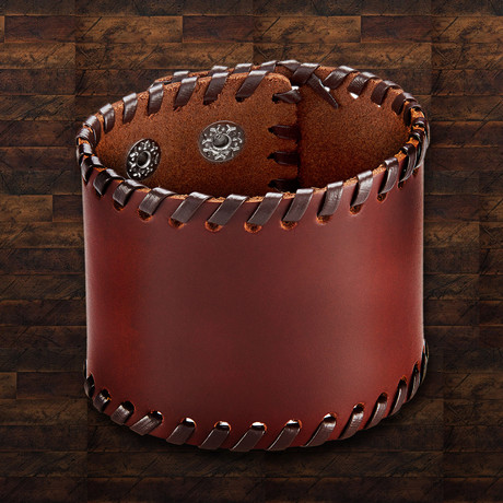 Leather Stitched Wide Cuff Bracelet // Brown