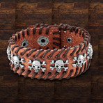 Leather Skull Studs Stitched Cuff Bracelet // Brown + Silver