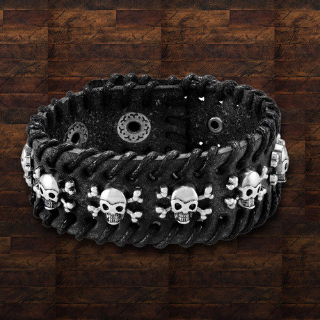 Leather Skull Studs Stitched Cuff Bracelet // Black + Silver