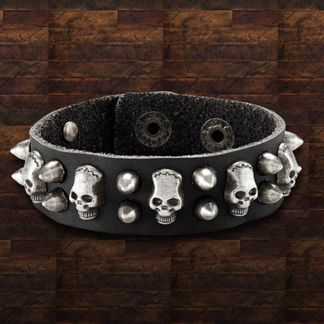 Leather Skull + Bullet Studs Cuff Bracelet // Black + Silver