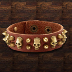 Leather Skull + Bullet Studs Cuff Bracelet // Brown + Copper