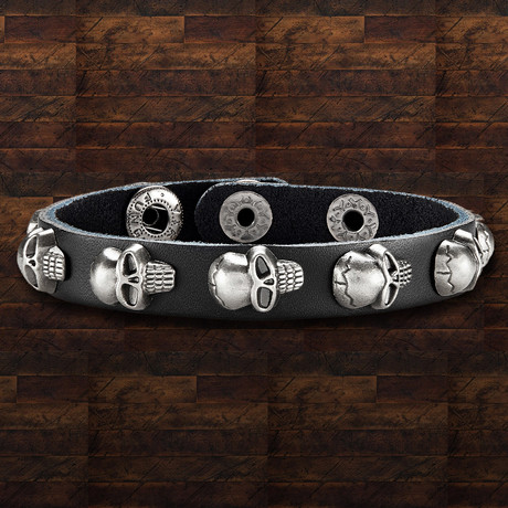 Leather Skull Stud Cuff Bracelet // Black + Silver