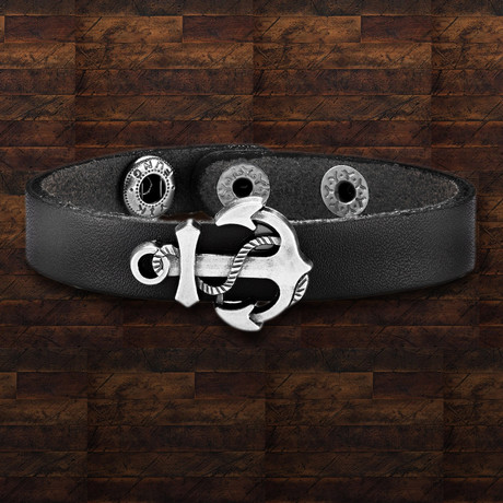 Polished Leather Anchor Charm Cuff Bracelet // Black + Silver