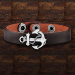 Polished Leather Anchor Charm Cuff Bracelet // Brown + Silver