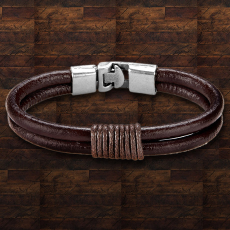 Leather Twined Double Strand Bracelet // Brown + Silver