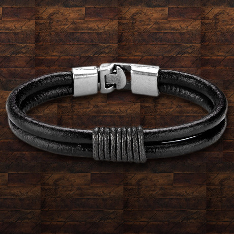 Leather Twined Double Strand Bracelet // Black + Silver