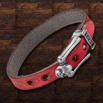 Leather Skull Buckle Bracelet // Red + Silver