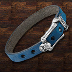 Leather Skull Buckle Bracelet // Blue + Silver