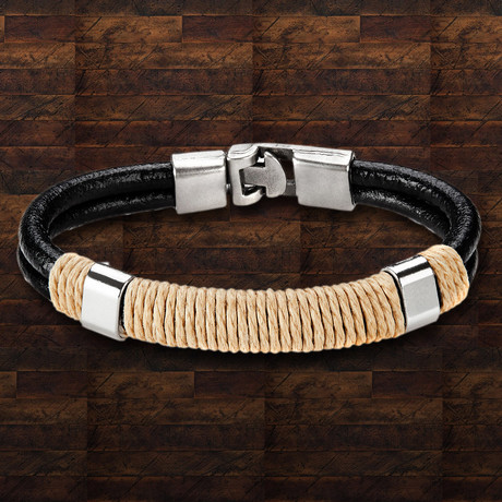 Double Strand Leather Beige Twine Bracelet // Black + Beige