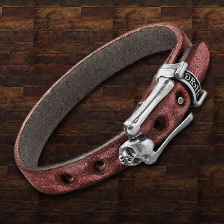 Leather Skull Buckle Bracelet // Brown + Silver