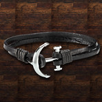 Leather Anchor Toggle Clasp Double Strand Bracelet // Black + Silver