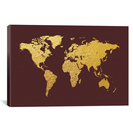 World Map Series: Gold Foil on Cordovan (26"W x 18"H x 0.75"D)