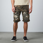 Distressed Camo Tactical Biker Shorts // Olive (32)