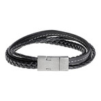 Click Lock Triple Strand Braided Leather Bracelet // Black