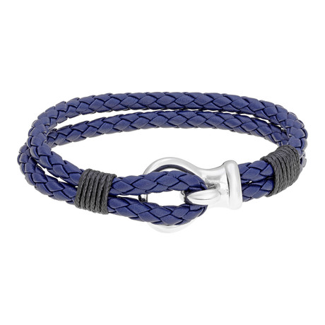 Hook and Loop Double Braided Leather Bracelet // Blue + Black
