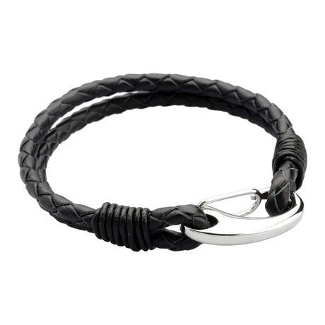 Polished Lock Double Braided Leather Bracelet // Black