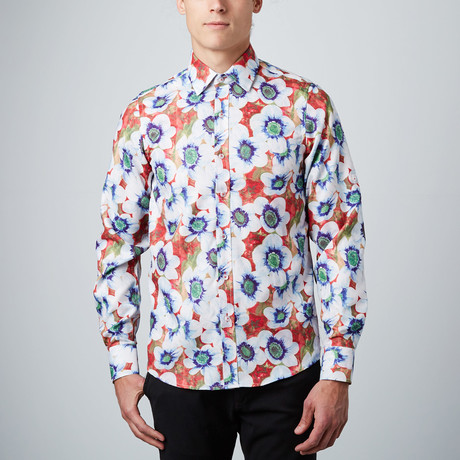 Abstract Floral Roll Up Linen Shirt // NAVY + ORANGE + GREEN (XS)