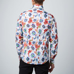 Abstract Floral Roll Up Linen Shirt // NAVY + ORANGE + GREEN (M)