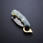 Damascus Folding Karambit Pocket Knife // Camel Bone