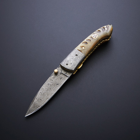 Damascus Folding Drop Point Pocket Knife // Sheep Horn