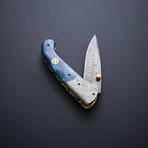 Damascus Folding Drop Point Pocket Knife // Blue Bone