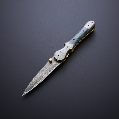 Damascus Folding False-Edge Dagger Knife // Blue Bone