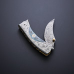 Damascus Folding Skinning Pocket Knife // Blue Bone