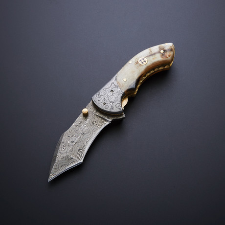 Damascus Folding Tanto Pocket Knife // Sheep Horn