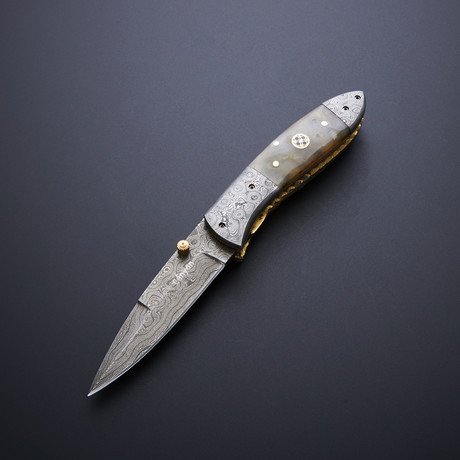 Damascus Folding Hunter Pocket Knife // Sheep Horn