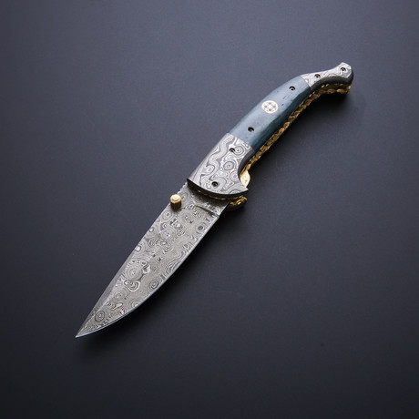 Damascus Folding Hunter Pocket Knife // Black Bone