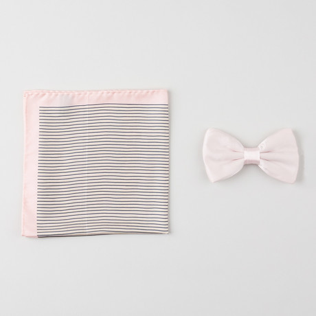 Striped Silk Boxed Bow Tie + Pocket Square Set // Pink + Black + White