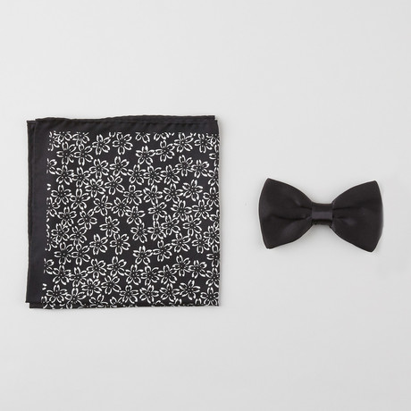 Floral Silk Boxed Bow Tie + Pocket Square Set // Black + White