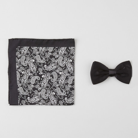 Paisley Silk Boxed Bow Tie + Pocket Square Set // Black + White