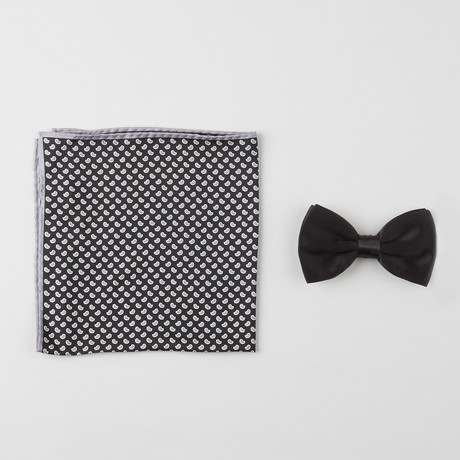 Paisley Silk Boxed Bow Tie + Pocket Square Set // Black + Grey + White