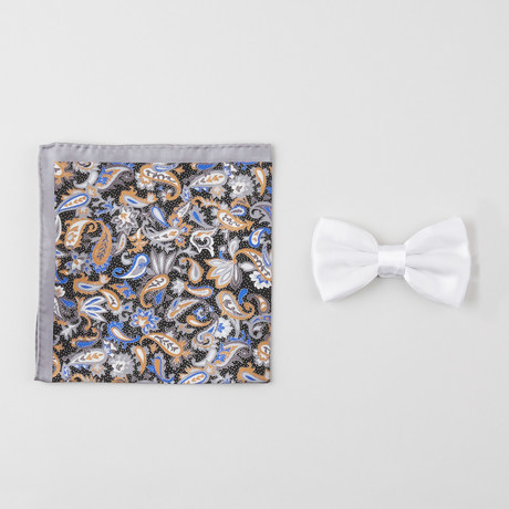 Multi Paisley Silk Boxed Bow Tie + Pocket Square Set // White