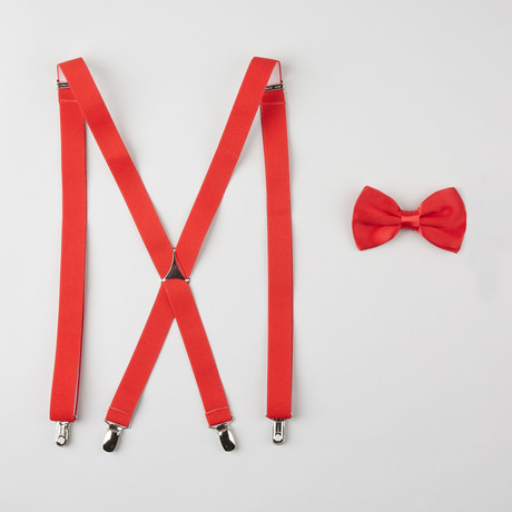 Solid Silk Bow Tie + Stretch Elastic Suspender Set // Red