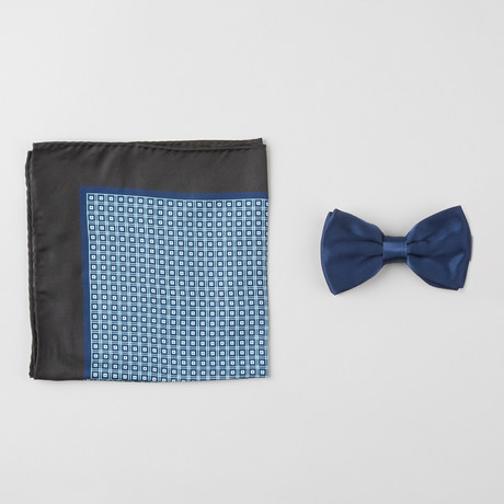 Geometric Silk Boxed Bow Tie + Pocket Square Set // Navy + White