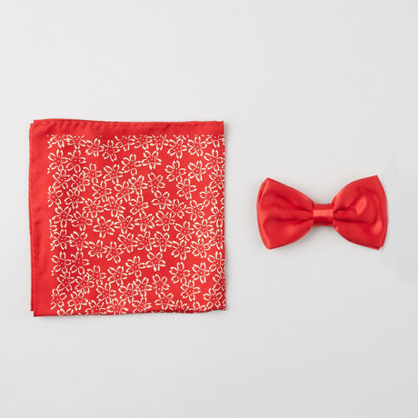 Floral Silk Boxed Bow Tie + Pocket Square Set // Red + White