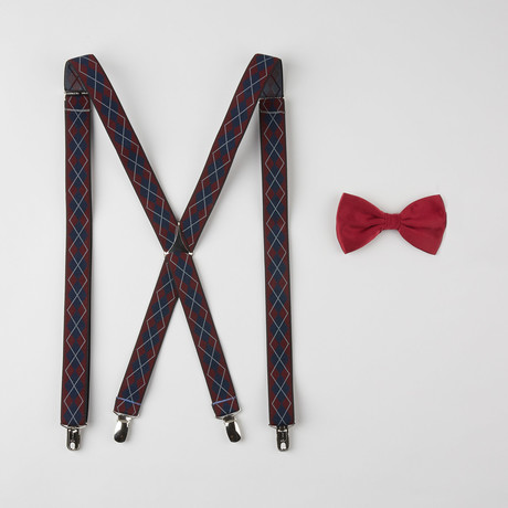 Argyle Silk Bow Tie + Stretch Elastic Suspender Set // Burgundy