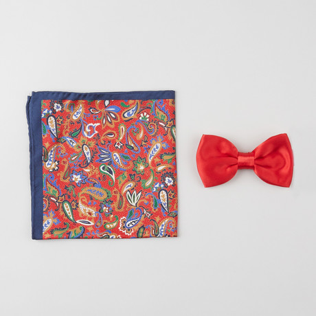 Multi Paisley Silk Boxed Bow Tie + Pocket Square Set // Red