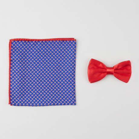 Paisley Silk Boxed Bow Tie + Pocket Square Set // Red + Blue
