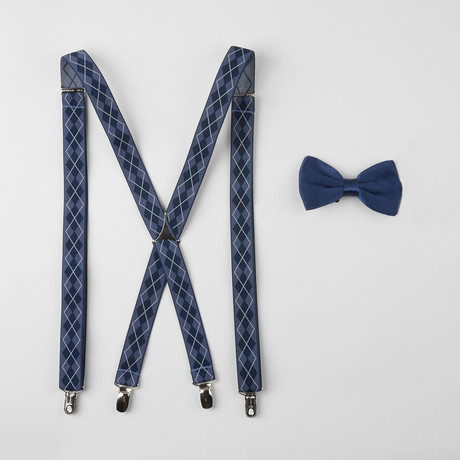 Argyle Silk Bow Tie + Stretch Elastic Suspender Set // Navy