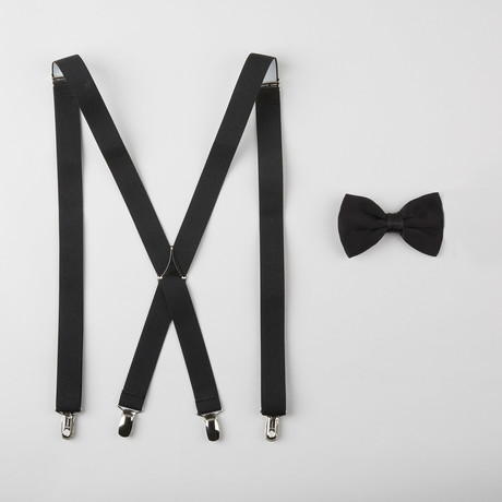 Solid Silk Bow Tie + Stretch Elastic Suspender Set // Black