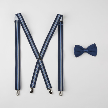 Striped Silk Bow Tie + Stretch Elastic Suspender Set // Navy + White
