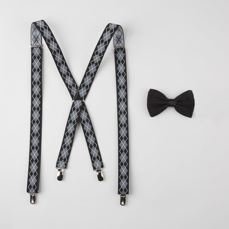 Argyle Silk Bow Tie + Stretch Elastic Suspender Set // Black + White