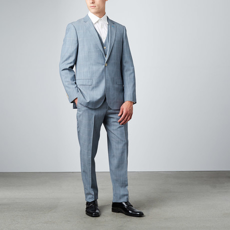 Bella Vita // 3-Piece Slim Fit Suit // Grey + Light Blue Check (US: 36S)