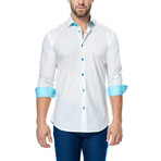 Ant Long-Sleeve Button-Up // White + Teal (M)