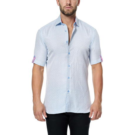 Linen Texture Short-Sleeve Button-Up Shirt // Light Blue (XS)