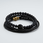 Leather + Onyx Skull Bracelet Set